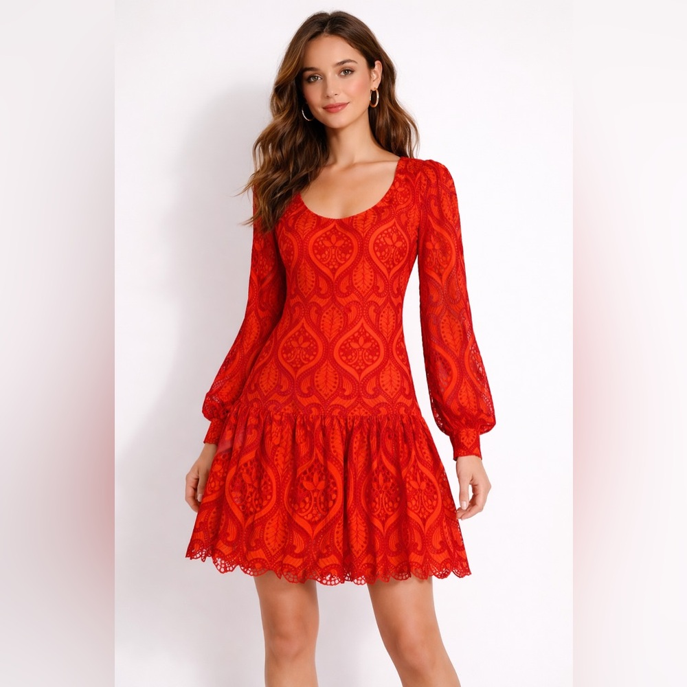 Badgley Mischka Orange Red Lace Long Sleeve Knee-Length Cocktail Dress Size 6